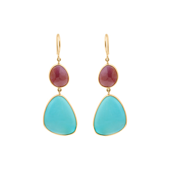 18k Gold Natural Turquoise With Ruby Drop Earrings