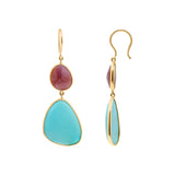 18k Gold Natural Turquoise With Ruby Drop Earrings