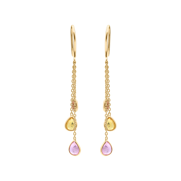 Natural Pink, Yellow & Orange Sapphire Drop Earrings In 18k Gold