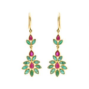 Natural Ruby With Emerald Floral Drop Earrings In 18k Gold