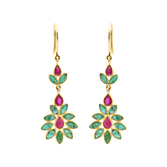 Natural Ruby With Emerald Floral Drop Earrings In 18k Gold