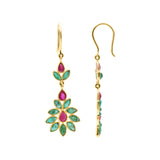 Natural Ruby With Emerald Floral Drop Earrings In 18k Gold