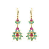 Natural Ruby With Emerald Floral Drop Earrings In 18k Gold