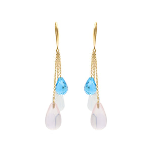 Molto Bello Gems- Natural Rose Quartz, Cat's Eye & Blue Topaz Gemstone Earrings In 14k Gold