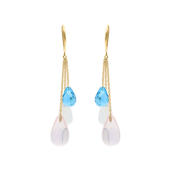 Molto Bello Gems- Natural Rose Quartz, Cat's Eye & Blue Topaz Gemstone Earrings In 14k Gold