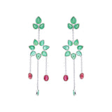 Flower Shaped Natural Ruby With Emerald Drop Earrings In 18k Gold