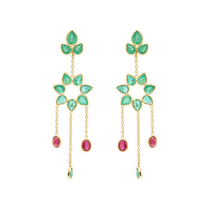 Flower Shaped Natural Ruby With Emerald Drop Earrings In 18k Gold