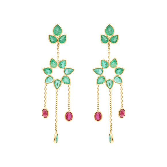 Flower Shaped Natural Ruby With Emerald Drop Earrings In 18k Gold