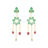 Flower Shaped Natural Ruby With Emerald Drop Earrings In 18k Gold