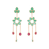 Flower Shaped Natural Ruby With Emerald Drop Earrings In 18k Gold