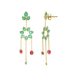 Flower Shaped Natural Ruby With Emerald Drop Earrings In 18k Gold