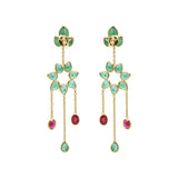 Flower Shaped Natural Ruby With Emerald Drop Earrings In 18k Gold