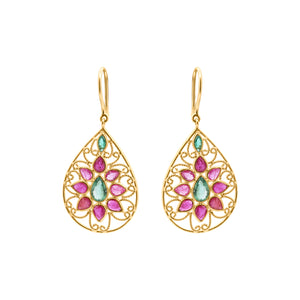 Molto Bello Gems - Pear Shaped Natural Ruby & Emerald Drop Earrings In 14k Gold