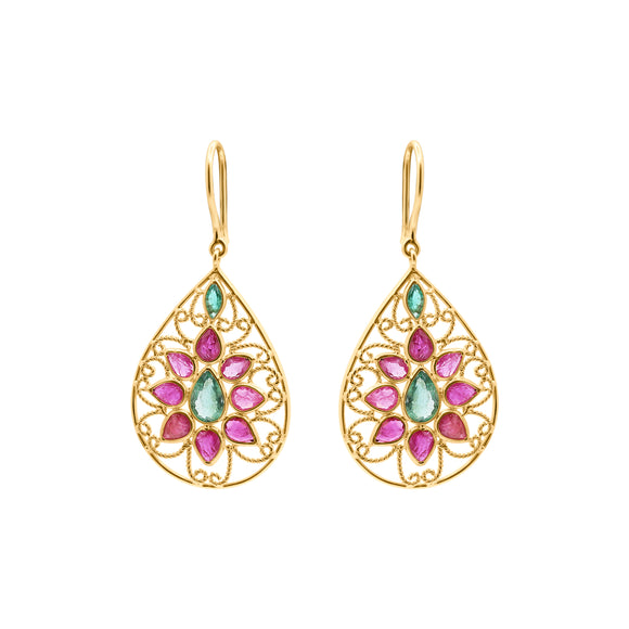 Molto Bello Gems - Pear Shaped Natural Ruby & Emerald Drop Earrings In 14k Gold