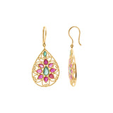 Molto Bello Gems - Pear Shaped Natural Ruby & Emerald Drop Earrings In 14k Gold