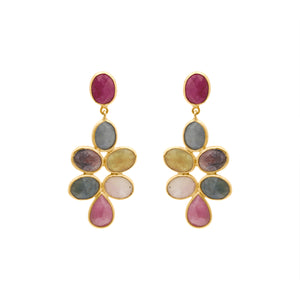 Molto Bello Gems- Natural Ruby With Multi Sapphire Drop Earrings In 14k Gold