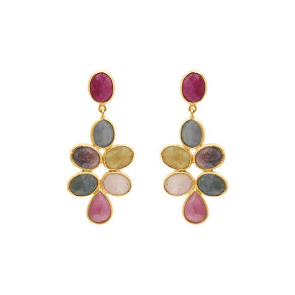 Molto Bello Gems- Natural Ruby With Multi Sapphire Drop Earrings In 14k Gold