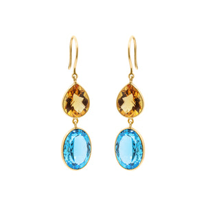 Classy Natural Citrine & Blue Topaz Dangle Earrings In 18k Gold