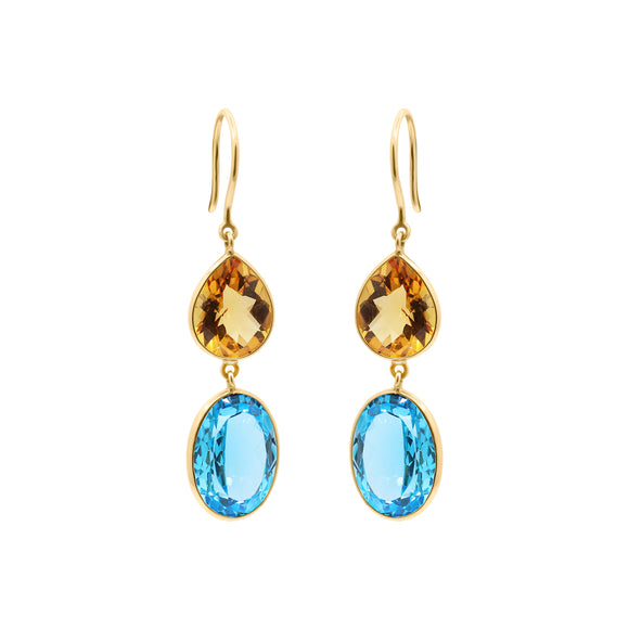 Classy Natural Citrine & Blue Topaz Dangle Earrings In 18k Gold