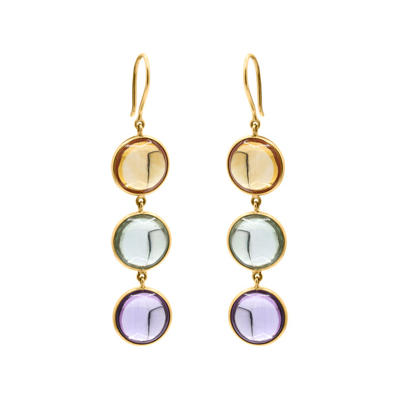 Natural Citrine, Green Amethyst & Amethyst Earrings In 18k Gold