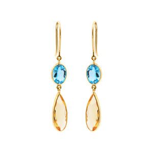 Trendy Natural Citrine With Blue Topaz Earrings In 18k Gold