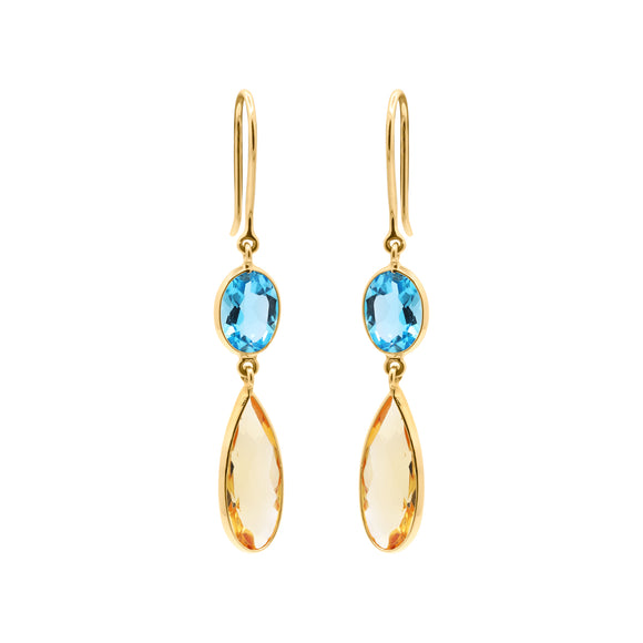 Trendy Natural Citrine With Blue Topaz Earrings In 18k Gold