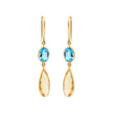 Trendy Natural Citrine With Blue Topaz Earrings In 18k Gold