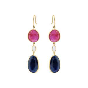 Molto Bello Gems - Natural Blue Sapphire, Ruby With Crystal Earrings In 18k Gold