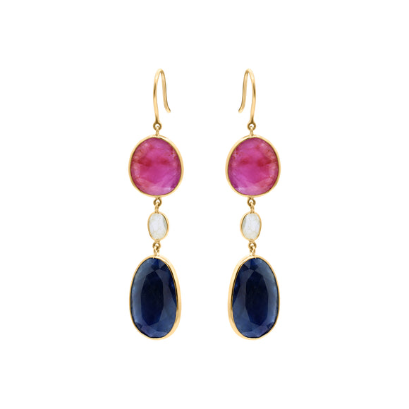 Molto Bello Gems - Natural Blue Sapphire, Ruby With Crystal Earrings In 18k Gold