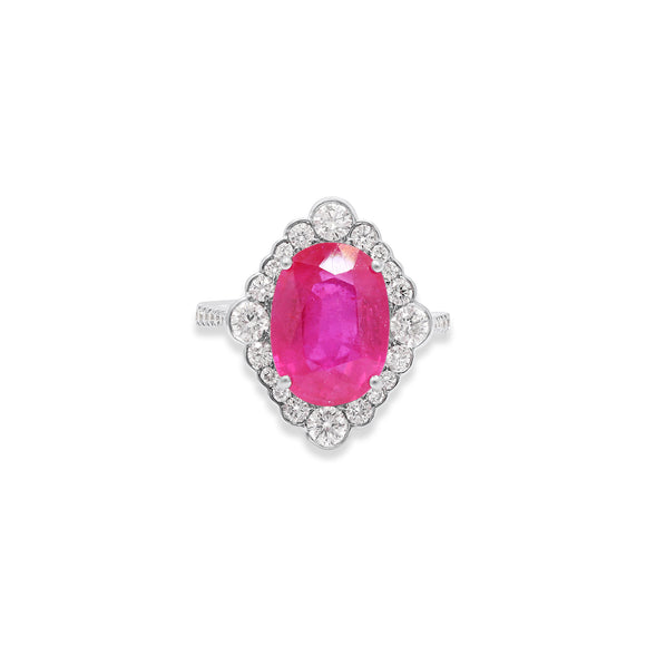 Precious Natural Ruby With Diamond 18k White Gold Ring