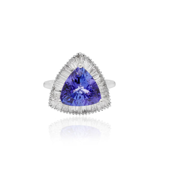 Trillion Cut Natural Tanzanite With Diamond Ring In 18k White Gold