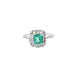 Square Natural Emerald With Diamond 18k White Gold Ring