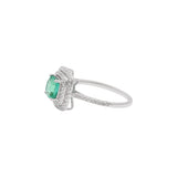 Square Natural Emerald With Diamond 18k White Gold Ring