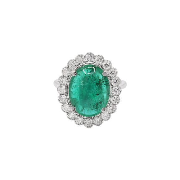 Stunning Natural Emerald With Diamond Ring In 18k White Gold