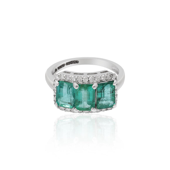 Three Rectangle Emerald Trio White Gold Diamond Ring