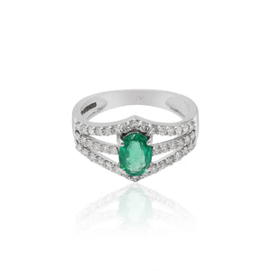 Natural Oval Emerald Gemstone 18K White Gold Diamond Ring