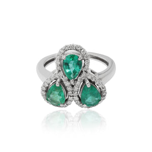 Designer Pear Shape Trio Emerald And Diamond Gold Ring
